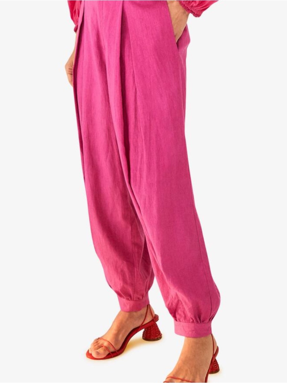 FARM RIO High-Waist Belted Linen Pants in Fuchsia - Sz S